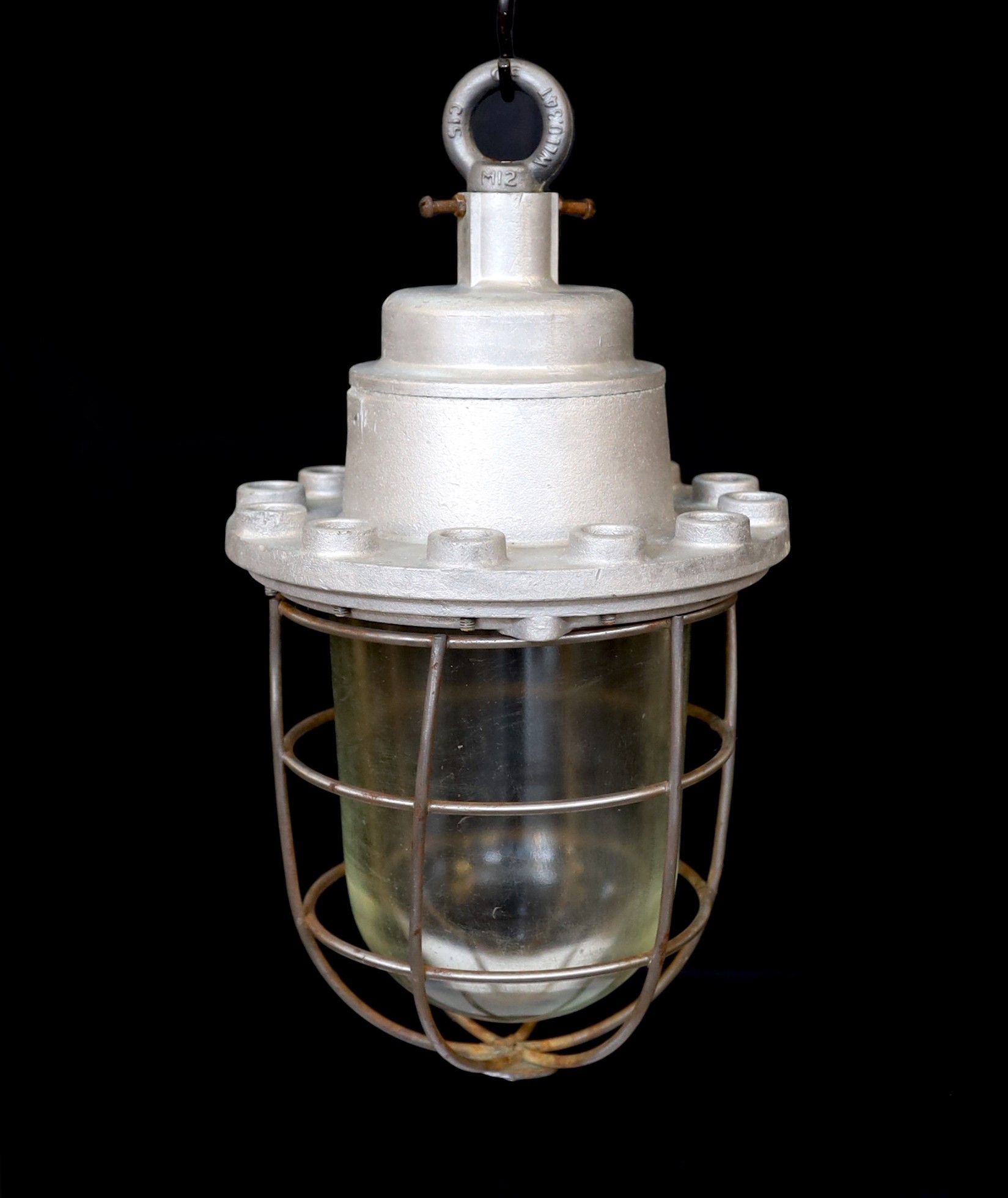 A pair of Russian galvanised iron and glass ships lights with glass liners, height 43cm. width 24cm